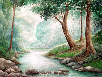 bosque com riacho - pintura em aquarela